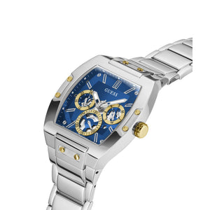 Angled view of the Guess GW0456G5 highlighting the barrel-shaped silver case and gold bezel accents