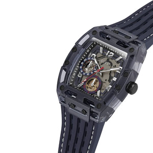 Angled view of the Guess GW0499G1 highlighting the transparent polycarbonate texture and dial depth