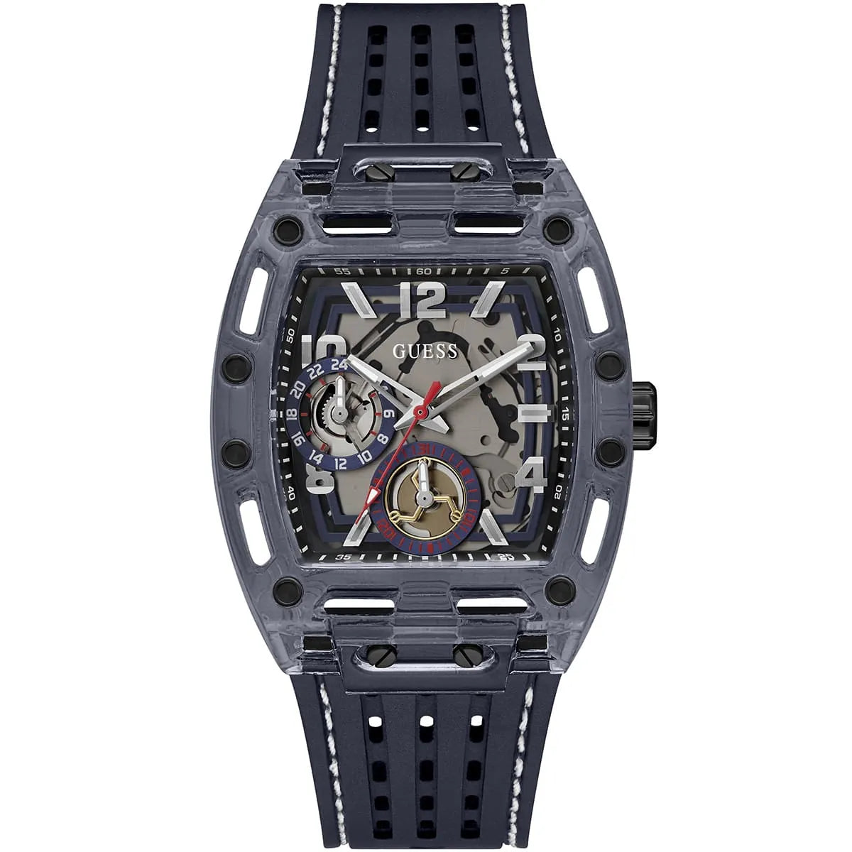 Guess Phoenix GW0499G1 men's watch with blue transparent polycarbonate case and blue silicone strap