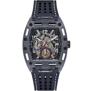 Guess Phoenix GW0499G1 men's watch with blue transparent polycarbonate case and blue silicone strap