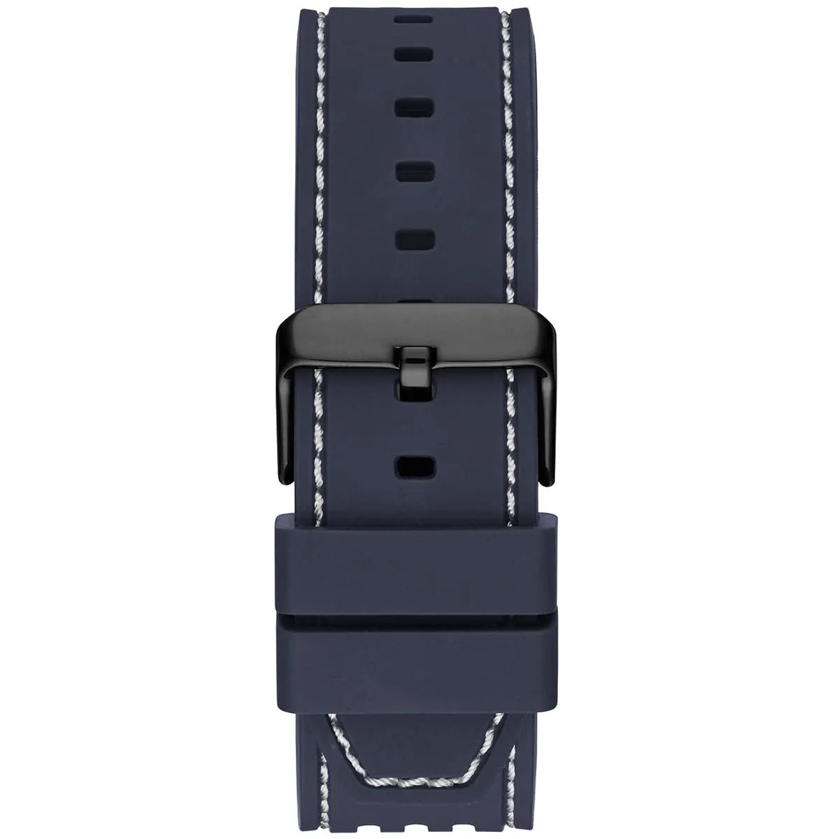 Black stainless steel buckle clasp with Guess logo on the blue silicone strap of the GW0499G1