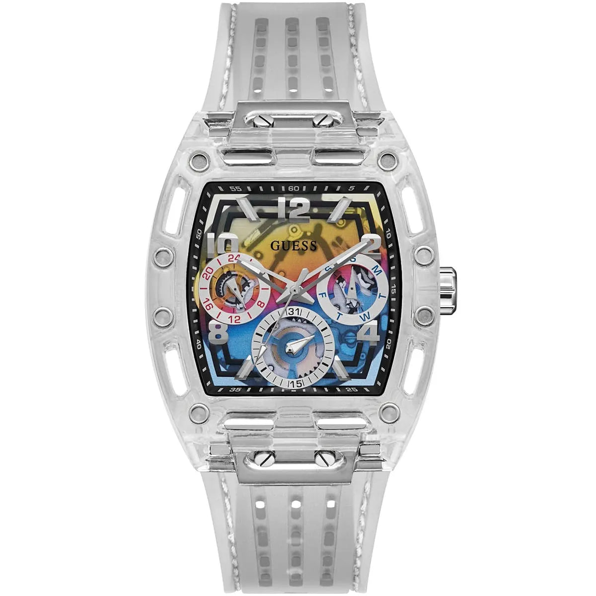 Guess Phoenix GW0499G3 men's watch with transparent case and rainbow dial