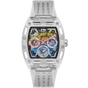 Guess Phoenix GW0499G3 men's watch with transparent case and rainbow dial