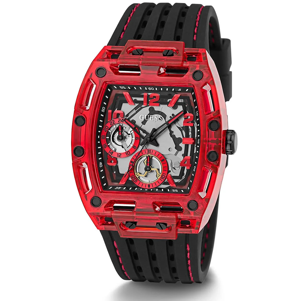 Angled view of the Guess GW0499G4 highlighting the red transparent case finish and dial depth