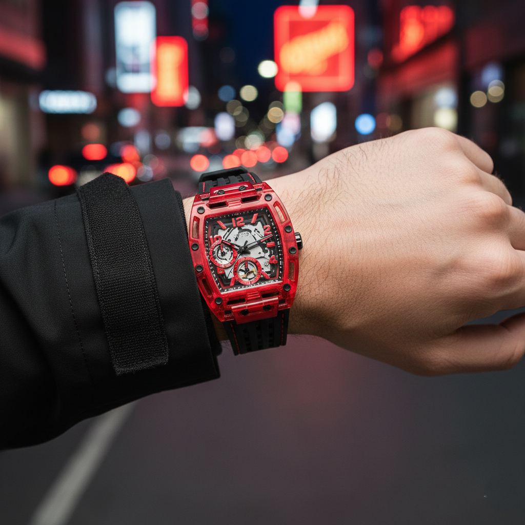 Male model wearing Guess Phoenix GW0499G4 red transparent watch with a casual black outfit