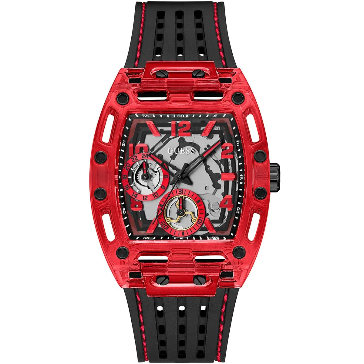 Guess Phoenix GW0499G4 men's watch with red transparent polycarbonate case and black silicone strap