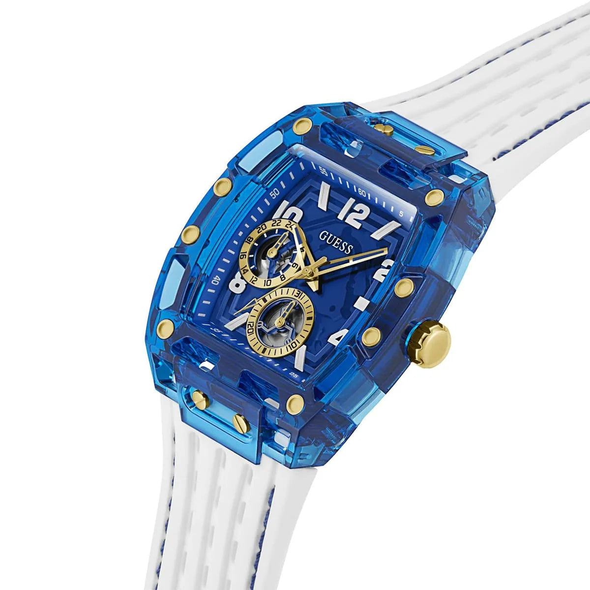 Left side perspective of the Guess Phoenix GW0499G6 blue dial and blue contrast stitching on the strap