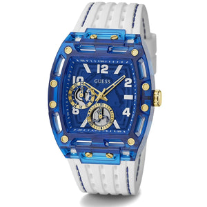 Angled view of the Guess GW0499G6 highlighting the blue transparent case finish and white silicone strap