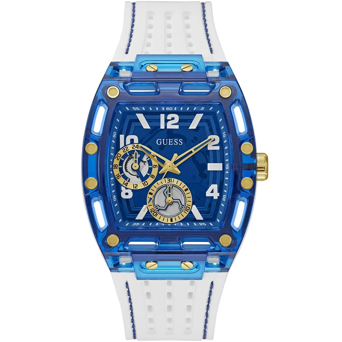 Guess Phoenix GW0499G6 men's watch with blue transparent polycarbonate case and white silicone strap