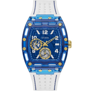 Guess Phoenix GW0499G6 men's watch with blue transparent polycarbonate case and white silicone strap
