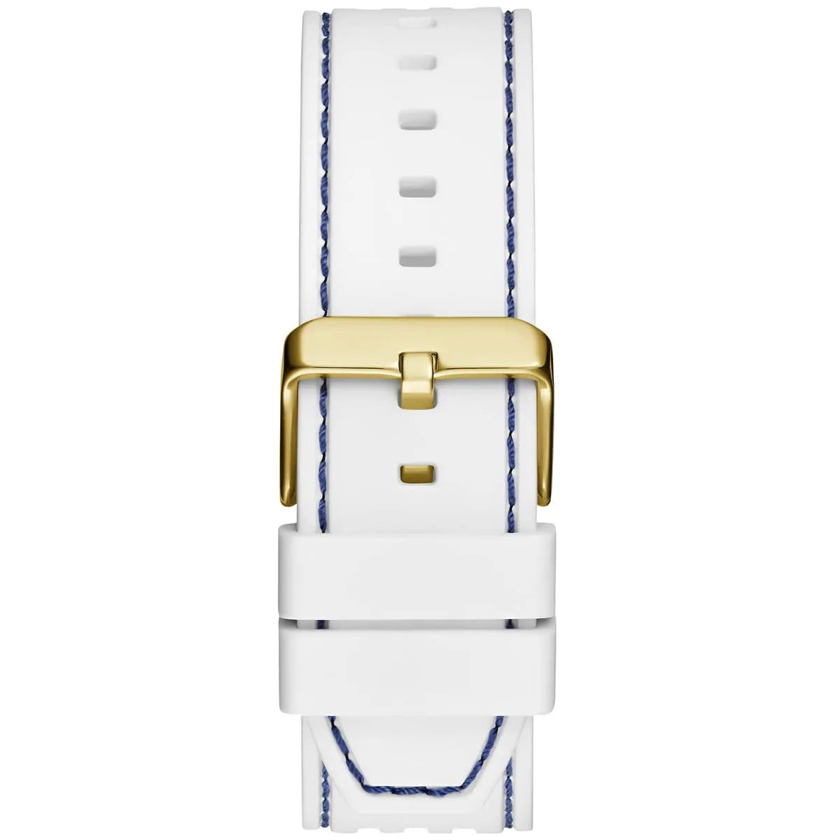 Stainless steel buckle clasp with Guess logo on the white silicone strap of the GW0499G6