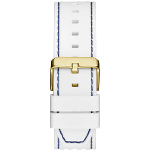 Stainless steel buckle clasp with Guess logo on the white silicone strap of the GW0499G6