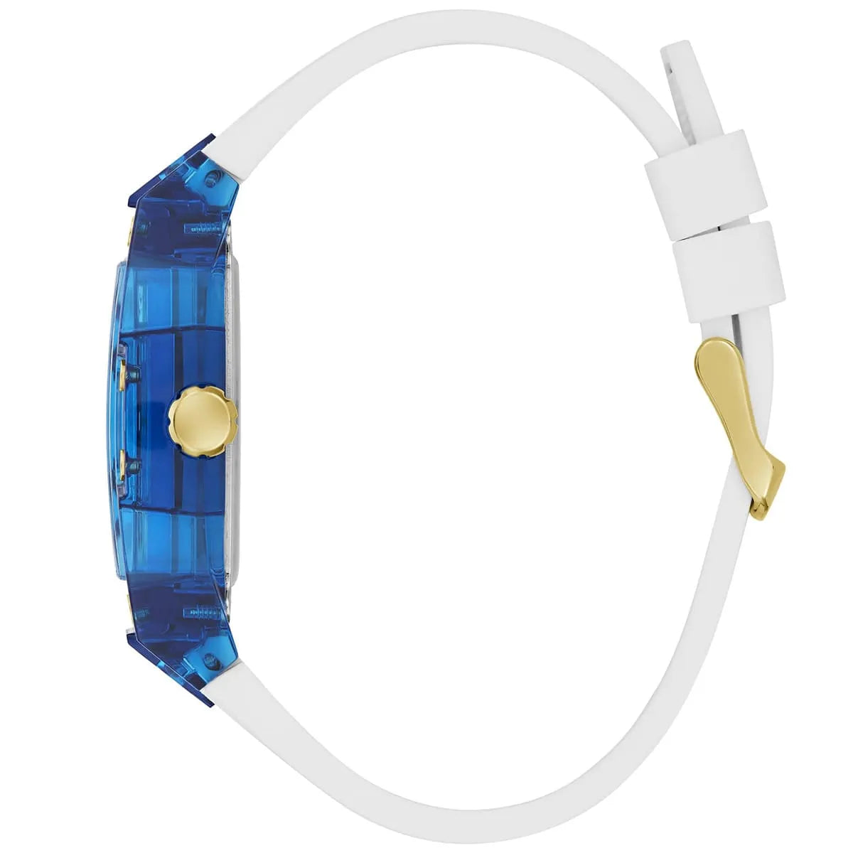 Side profile view of the 13mm thick blue transparent case of the Guess Phoenix