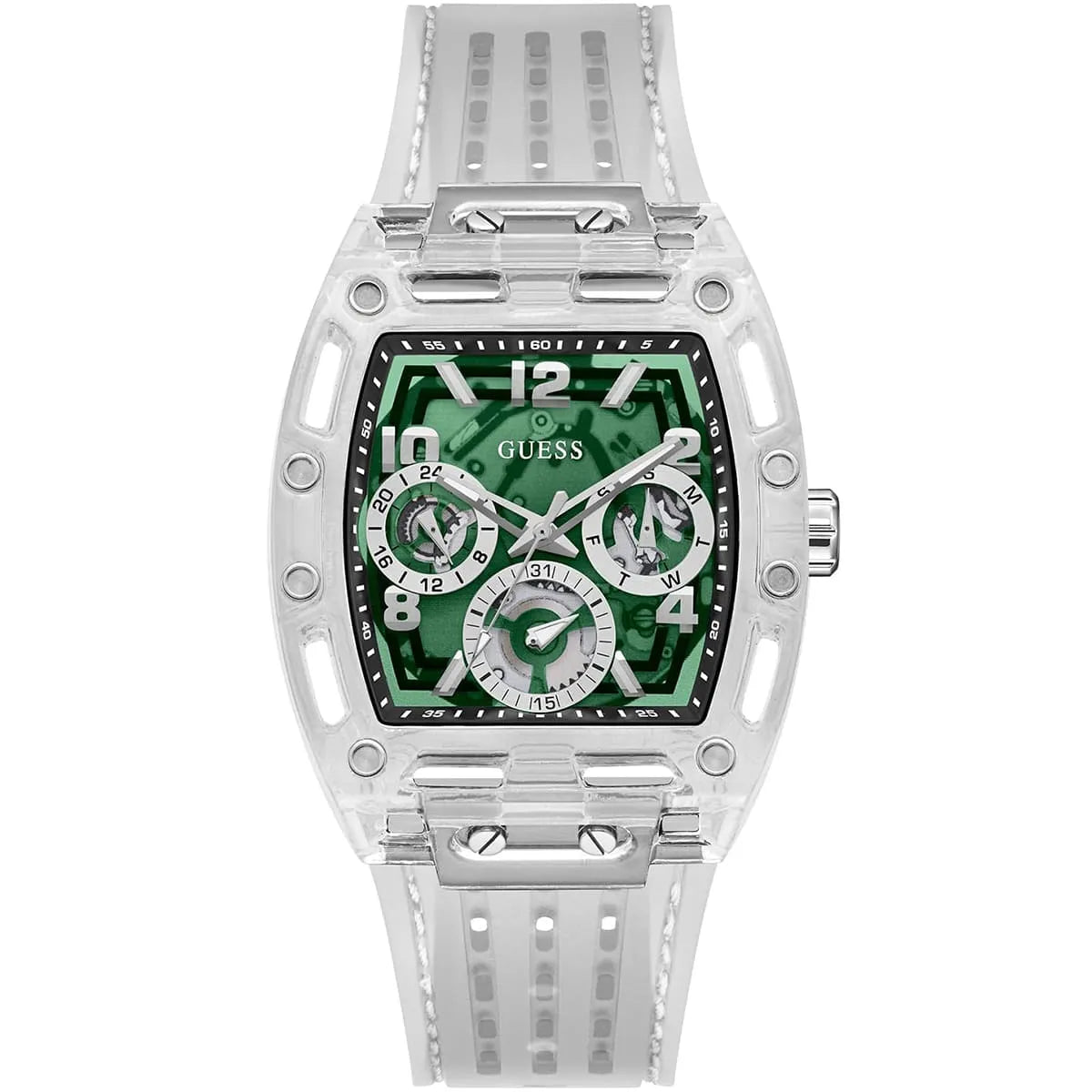Guess Phoenix GW0499G8 men's watch with transparent case and green skeleton dial