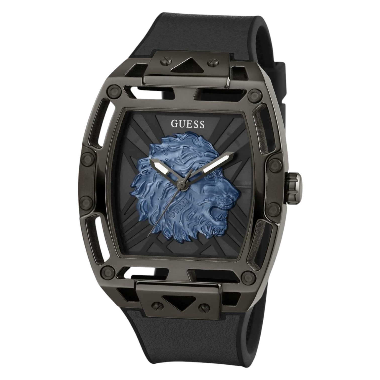 Angled view of the Guess GW0595G2 highlighting the 3D depth of the blue lion head and black case screws