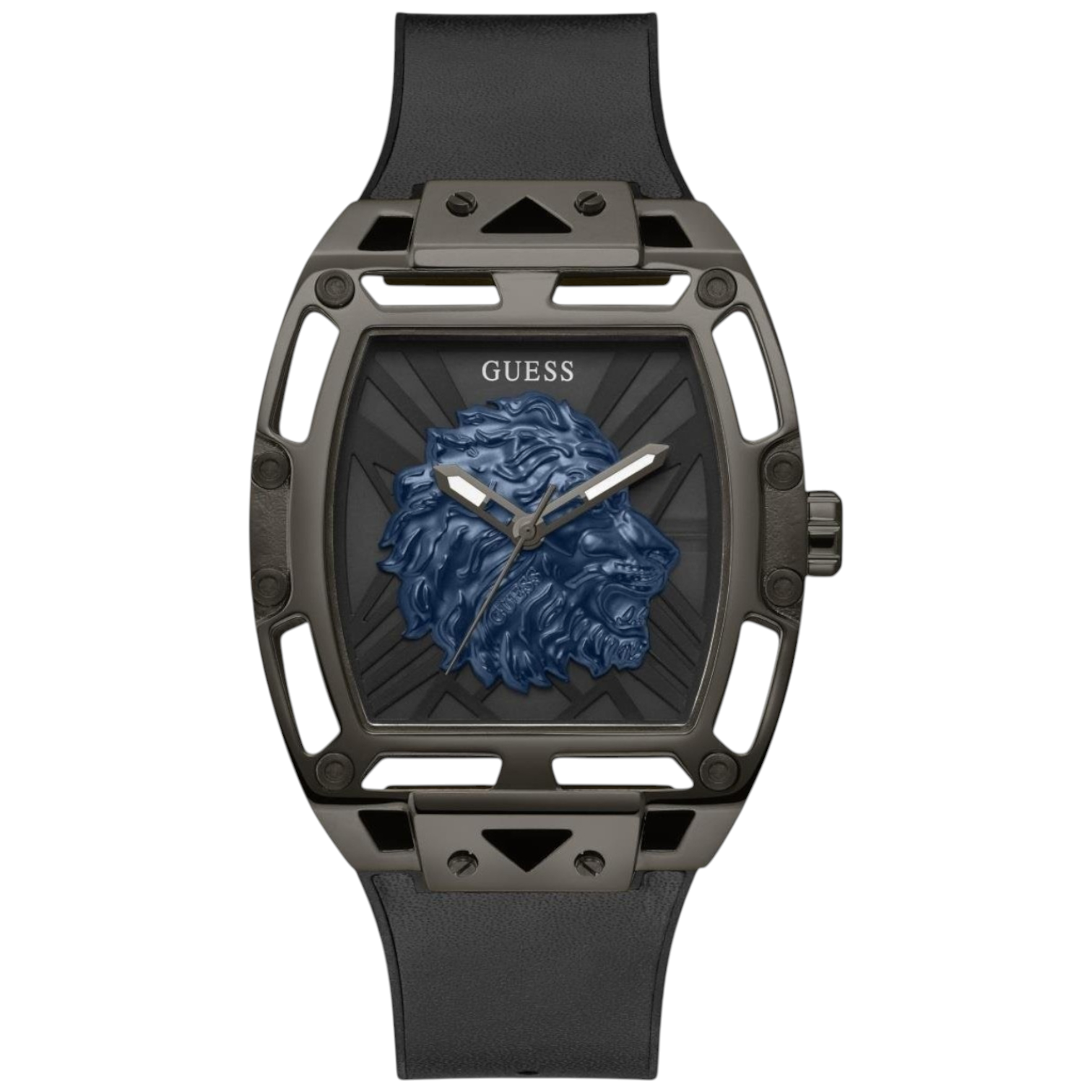 Guess Phoenix Lion Head GW0595G2 men's watch with black case, 3D blue lion head on black dial and black silicone strap