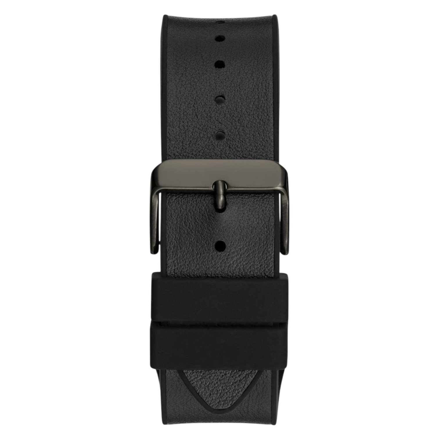 Black stainless steel buckle clasp with Guess logo on the black silicone strap of the GW0595G2