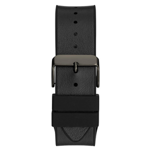 Black stainless steel buckle clasp with Guess logo on the black silicone strap of the GW0595G2