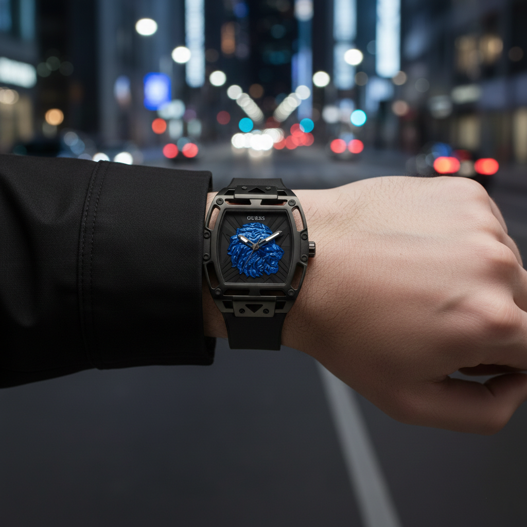 Male model wearing Guess Phoenix Lion Head GW0595G2 black watch with a modern industrial outfit