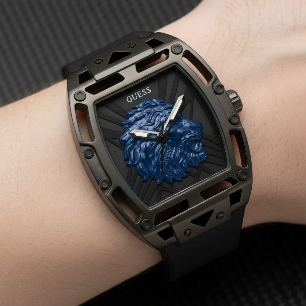 Close up shot of Guess Phoenix Lion Head GW0595G2 watch on wrist showing the blue lion sculpture detail