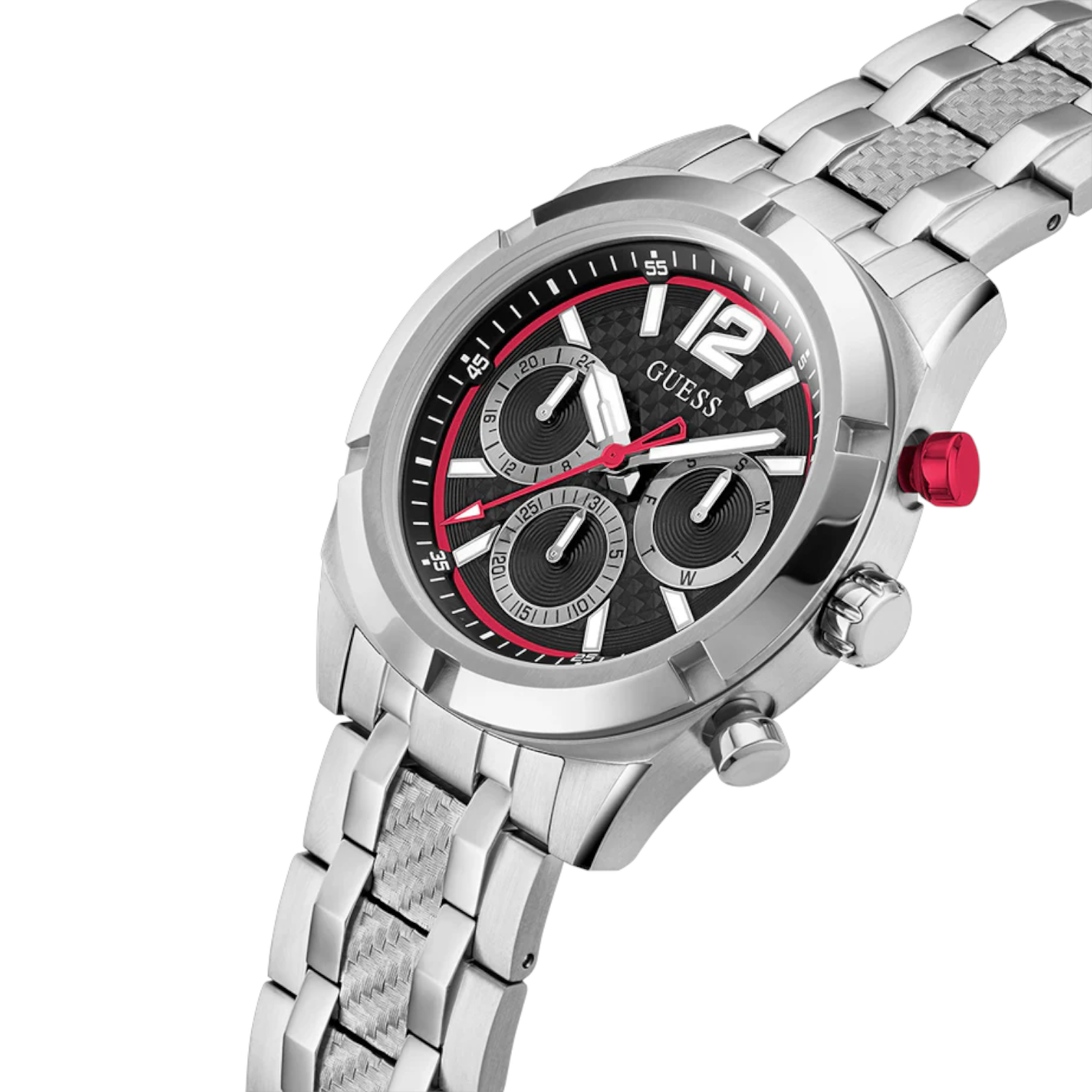 Left side perspective of the Guess Resistance GW0714G1 black dial and five-link bracelet