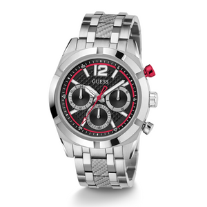 Angled view of the Guess GW0714G1 highlighting the polished silver finish and red chrono pusher
