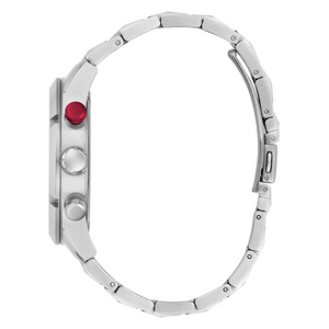 Detailed side view of the silver crown and red accented pusher on the Guess GW0714G1
