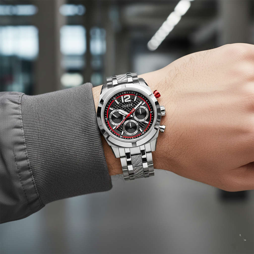 Male model wearing Guess Resistance GW0714G1 silver watch with a modern industrial outfit