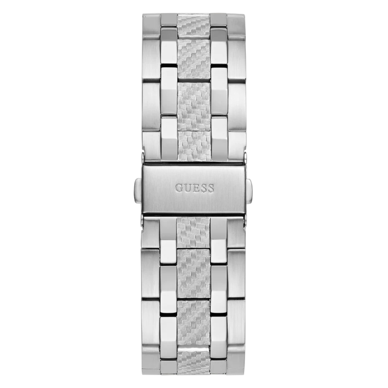 Silver stainless steel pilot buckle clasp with Guess logo on the bracelet of the GW0714G1