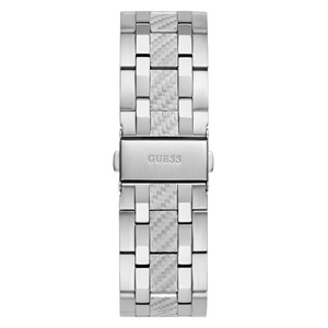 Silver stainless steel pilot buckle clasp with Guess logo on the bracelet of the GW0714G1