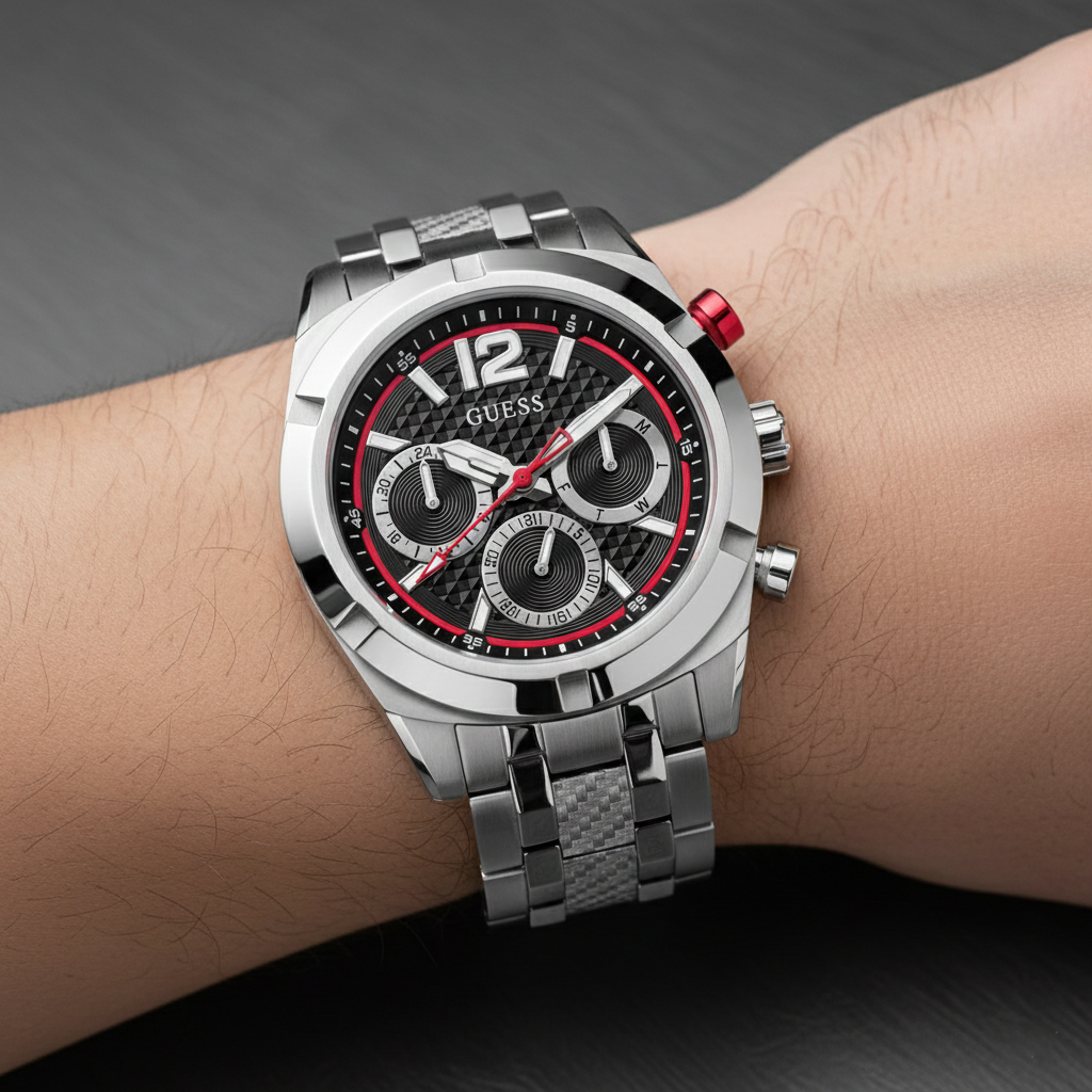 Close up shot of Guess GW0714G1 watch on wrist highlighting the textured black dial and red second hand