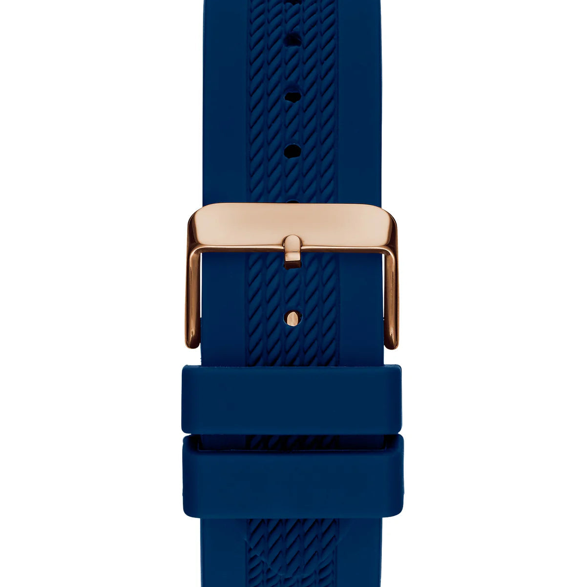 Rose gold tone buckle clasp on the blue rubber strap of the GW0051G3
