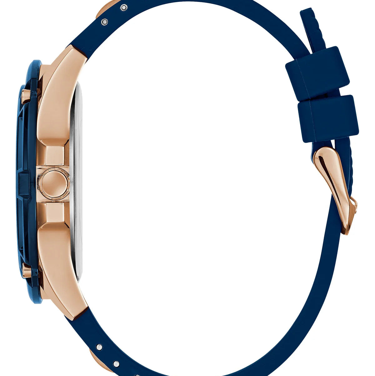 Side profile view of the 13mm thick rose gold stainless steel case of the Guess Rig watch