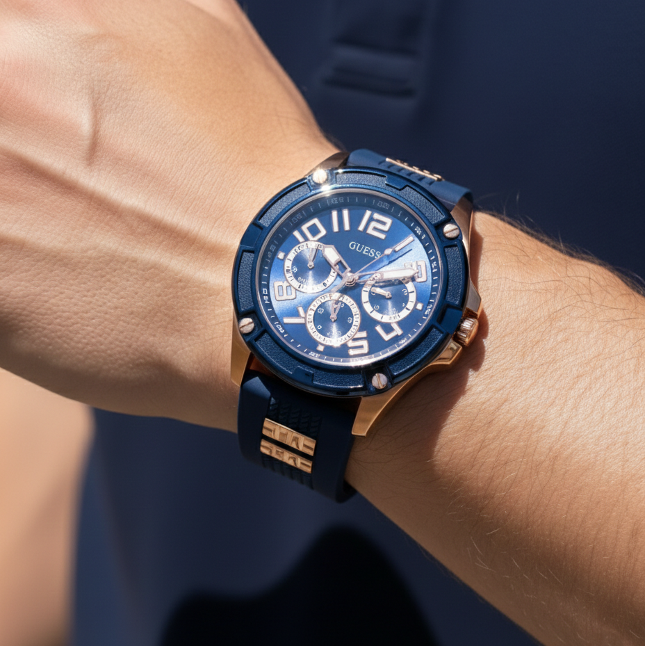 Close up shot of Guess Rig GW0051G3 watch on wrist showing the industrial bezel and rubber strap details