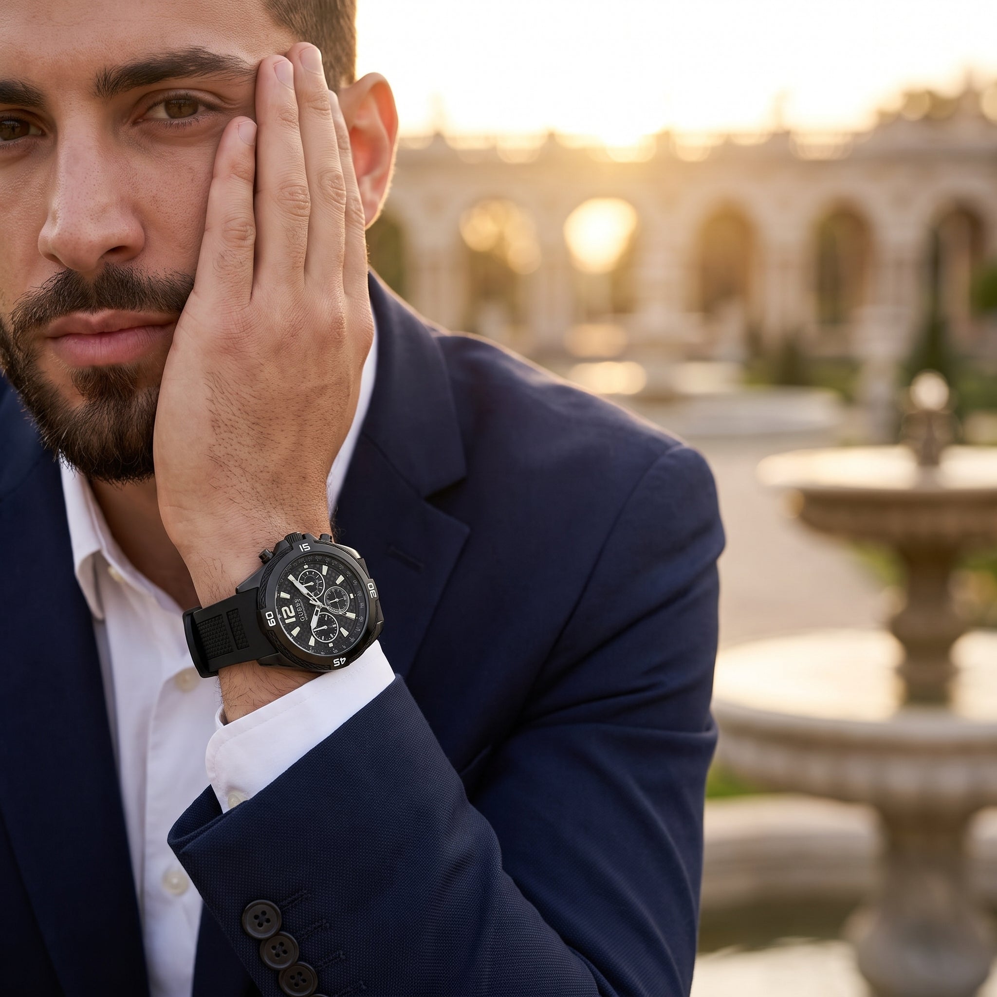 Lifestyle photo of Guess Surge W1168G2 watch on a man's wrist