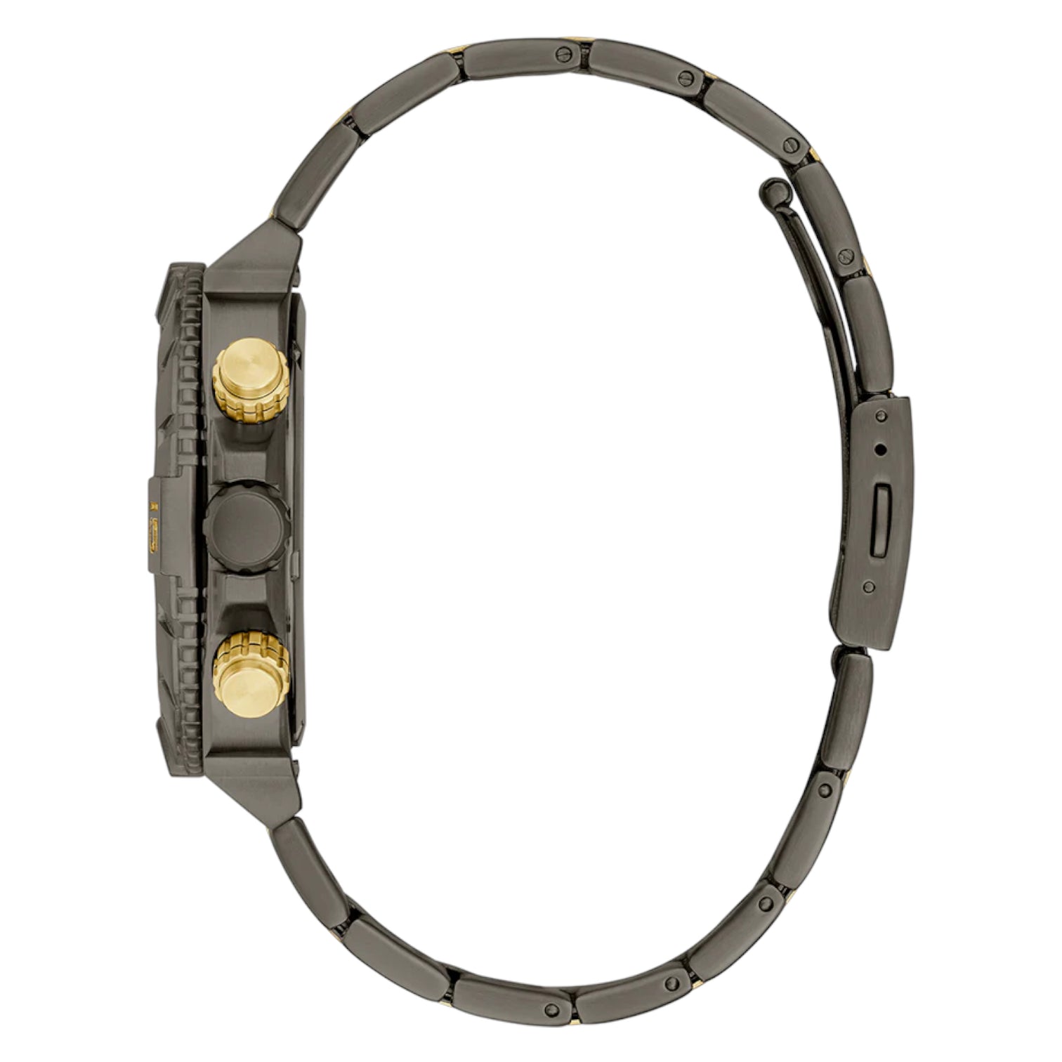 Left side perspective of the Guess Traction GW0800G2 black sunray dial and crown