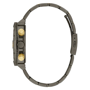 Left side perspective of the Guess Traction GW0800G2 black sunray dial and crown