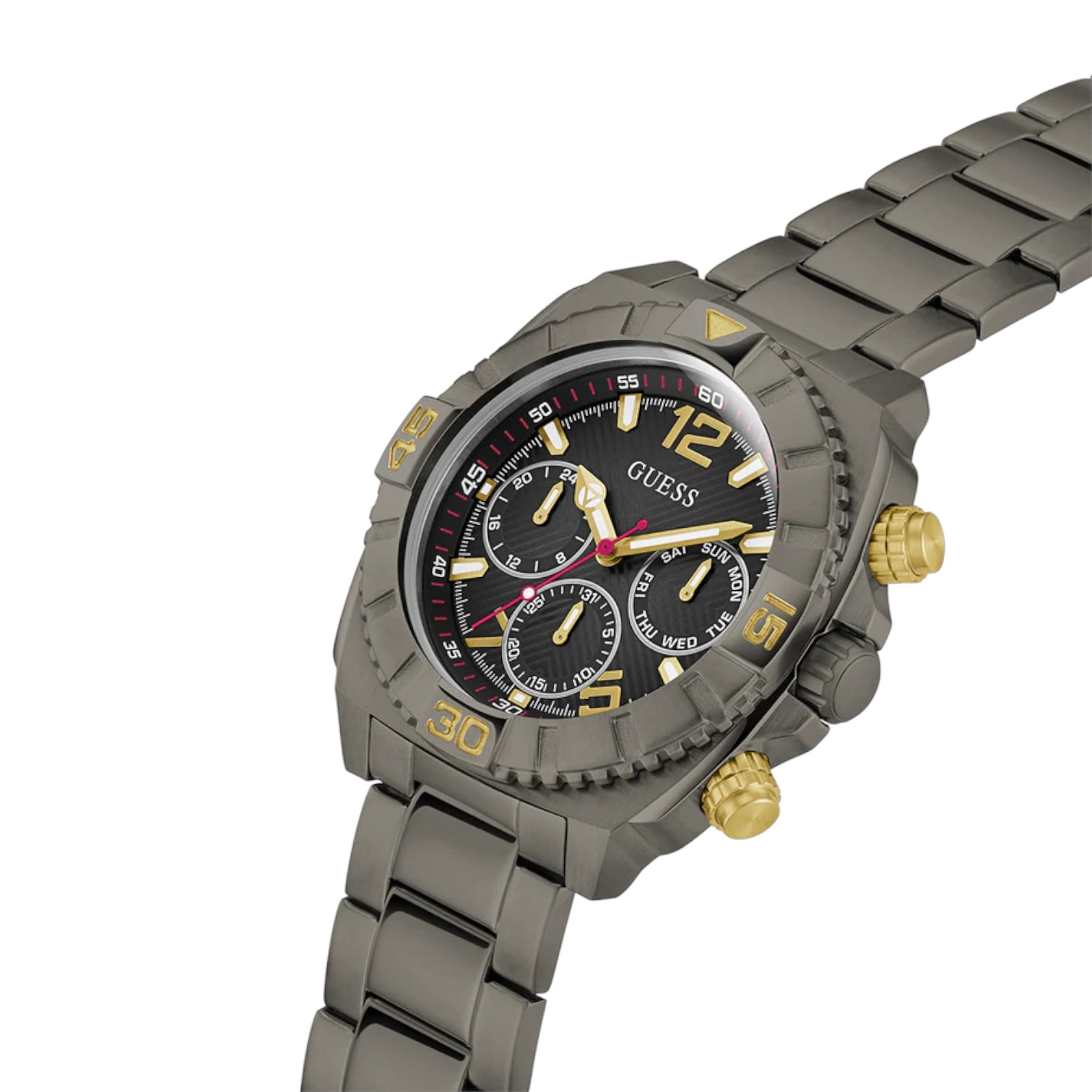 Angled view of the Guess GW0800G2 highlighting the brushed gunmetal finish and bezel detail