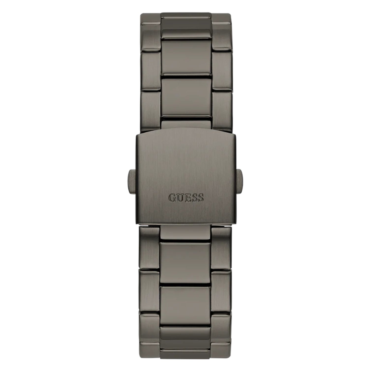 Gunmetal stainless steel pilot buckle clasp with Guess logo on the bracelet of the GW0800G2