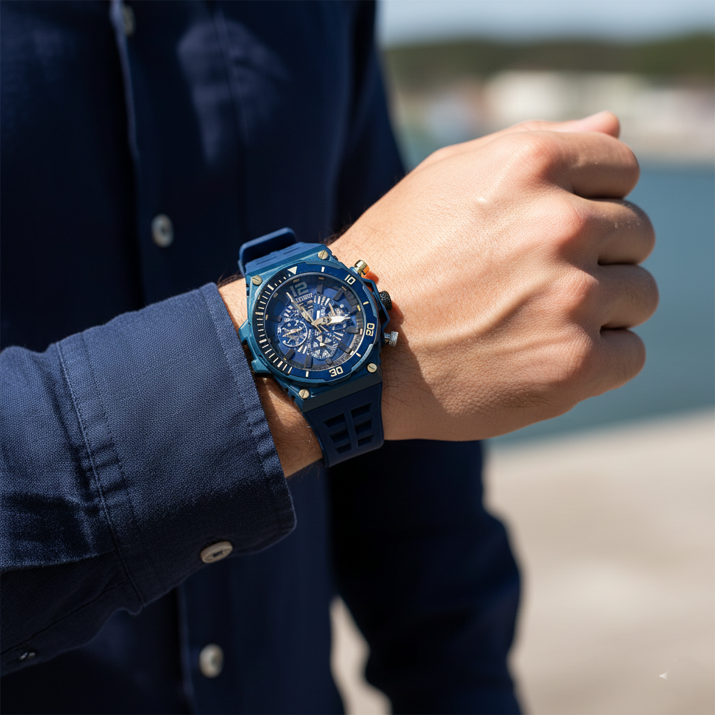 Close up shot of Guess Treasure GW0443G1 watch on wrist showing the blue skeleton dial details