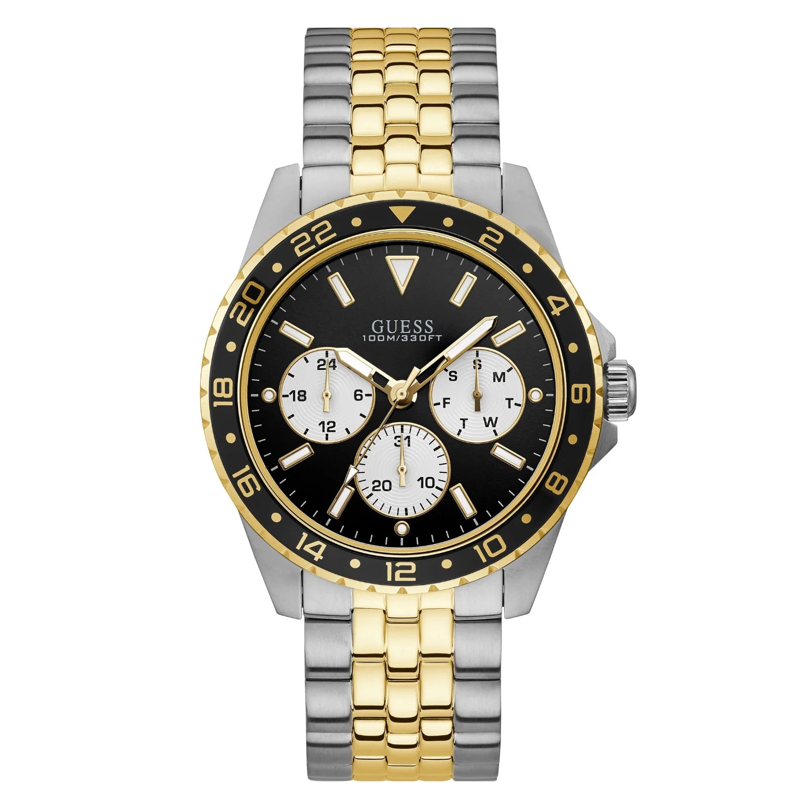 Front view of Guess U1107G6M watch with black dial and two-tone metal strap