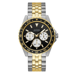 Front view of Guess U1107G6M watch with black dial and two-tone metal strap