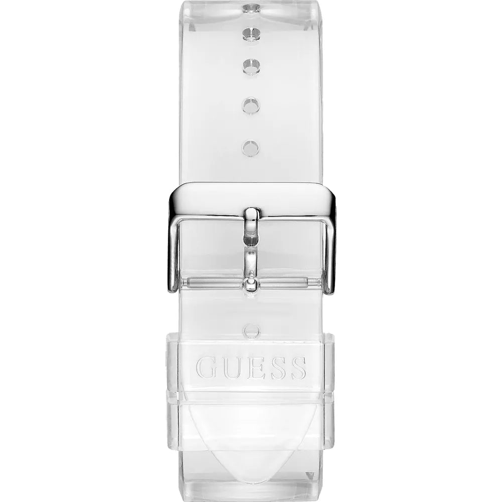 Silver-tone pin buckle on the transparent rubber strap of the Guess V1051M1