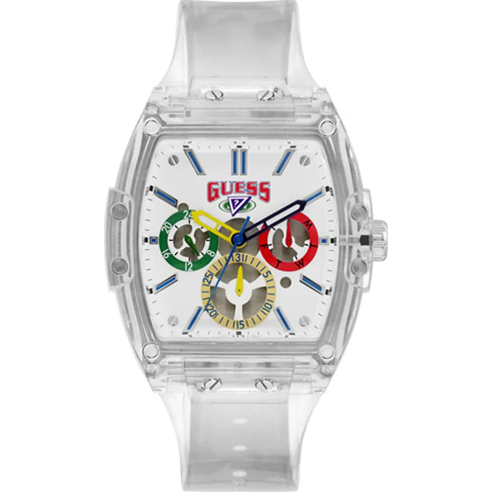 Guess Originals Phoenix V1051M1 watch with transparent clear case and multicolor white dial