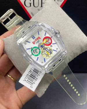 Authentic real-life photo of the Guess V1051M1 showing actual transparent finish and vibrant colors in Egypt