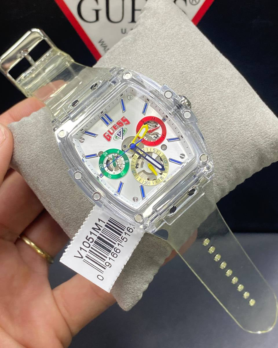 Authentic real-life photo of the Guess V1051M1 showing actual transparent finish and vibrant colors in Egypt