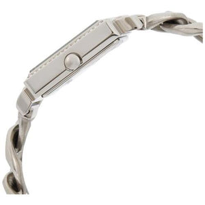 Detailed side view of the silver crown and crystal setting on the Guess W1030L1