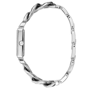 Side profile view of the 8mm slim silver stainless steel case of the Guess Vanity watch