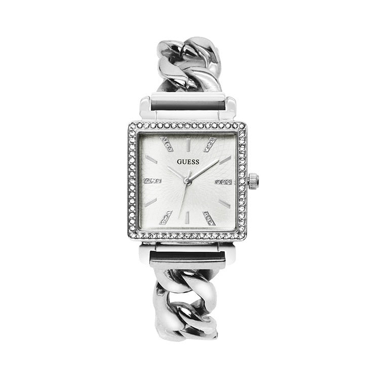 Guess Vanity W1030L1 ladies watch with silver square case, crystal bezel, and white dial