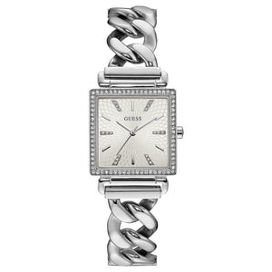 Guess Vanity W1030L1 ladies watch with silver square case, crystal bezel, and white dial